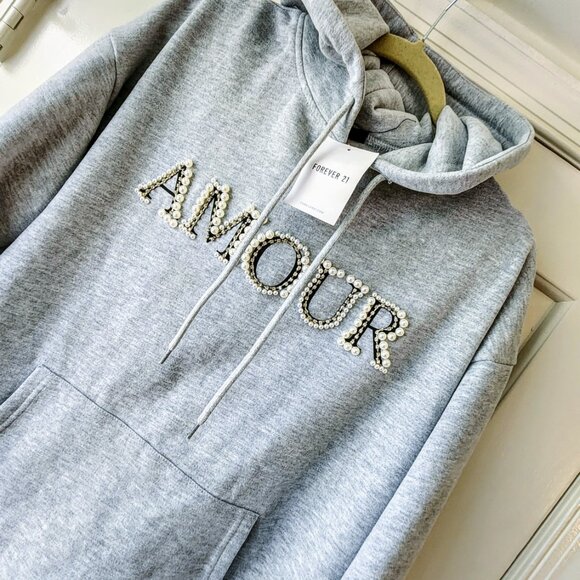 Forever 21 Amour Grey Hoodie Pearls Crystals Sz L Kangaroo Pocket Embellished - Picture 9 of 13
